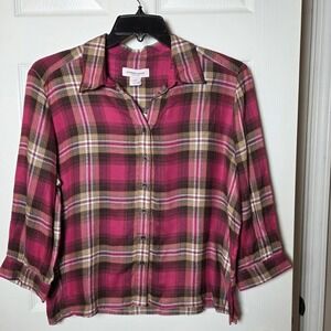 Allison Daley sz M petite plaid button up shirt NWT 100% rayon casual fall basic
